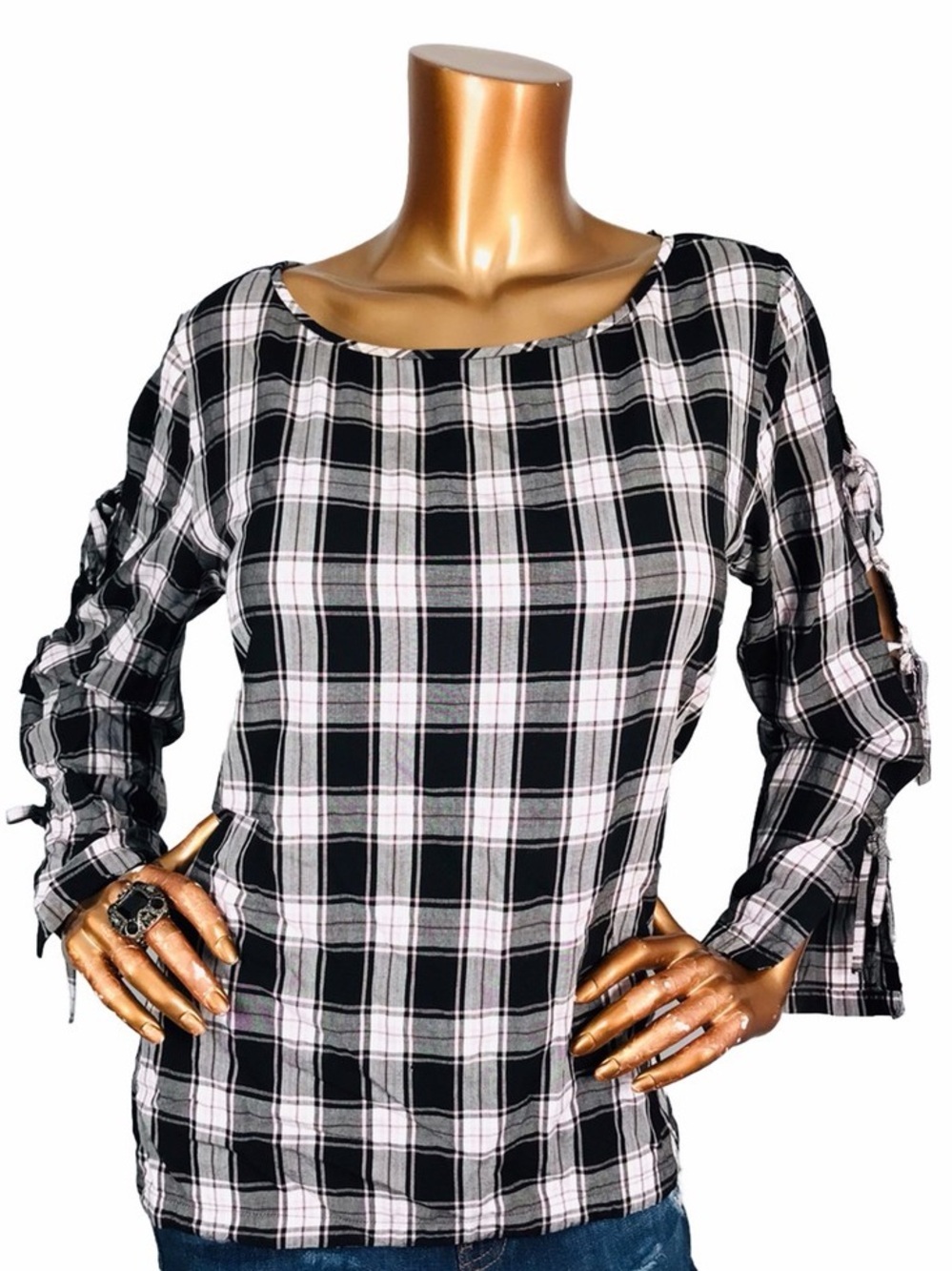 LOFT Black, purple and White Plaid Tunic Top with ties on arms - large